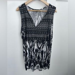 Black, gray, and white sleeveless top with crochet detail at chest. 2x
